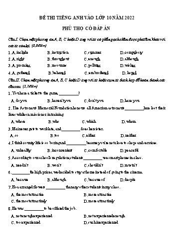 Đề thi Tiếng Anh vào Lớp 10 - Năm học 2022-2023 - Sở GD&ĐT Phú Thọ (Có đáp án)