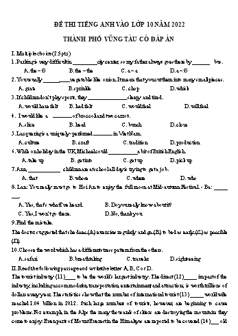Đề thi Tiếng Anh vào Lớp 10 - Năm học 2022-2023 - Sở GD&ĐT Vũng Tàu (Có đáp án)