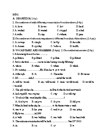 Đề thi tuyển sinh Lớp 10 môn Tiếng Anh - Đề 1 - Năm học 2021-2022 (Có đáp án)