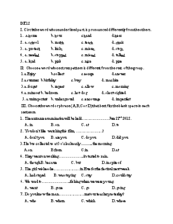 Đề thi tuyển sinh Lớp 10 môn Tiếng Anh - Đề 12 - Năm học 2021-2022
