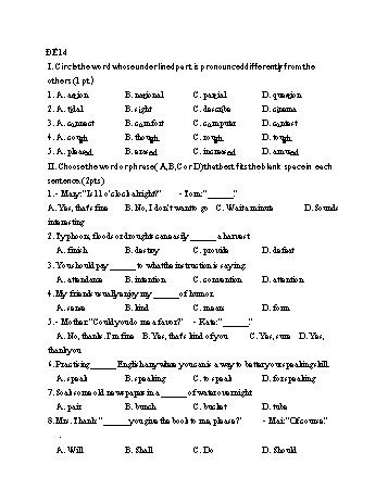 Đề thi tuyển sinh Lớp 10 môn Tiếng Anh - Đề 14 - Năm học 2021-2022 (Có đáp án)