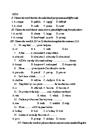 Đề thi tuyển sinh Lớp 10 môn Tiếng Anh - Đề 20 - Năm học 2021-2022
