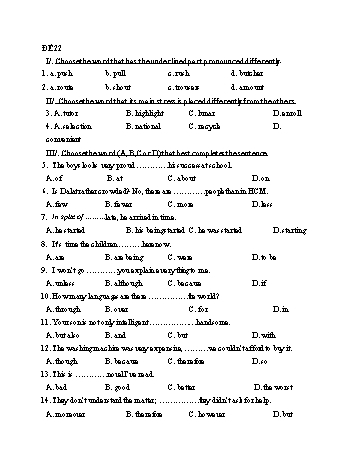 Đề thi tuyển sinh Lớp 10 môn Tiếng Anh - Đề 22 - Năm học 2021-2022