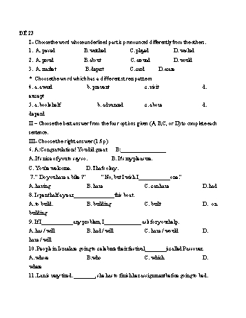 Đề thi tuyển sinh Lớp 10 môn Tiếng Anh - Đề 23 - Năm học 2021-2022 (Có đáp án)