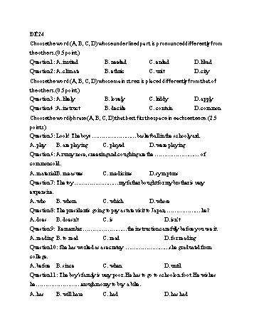 Đề thi tuyển sinh Lớp 10 môn Tiếng Anh - Đề 24 - Năm học 2021-2022