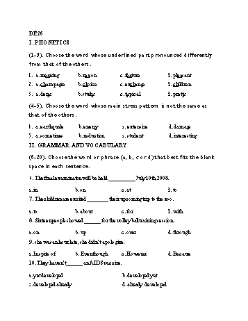 Đề thi tuyển sinh Lớp 10 môn Tiếng Anh - Đề 26 - Năm học 2021-2022 (Có đáp án)