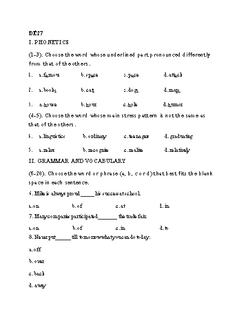 Đề thi tuyển sinh Lớp 10 môn Tiếng Anh - Đề 27 - Năm học 2021-2022 (Có đáp án)