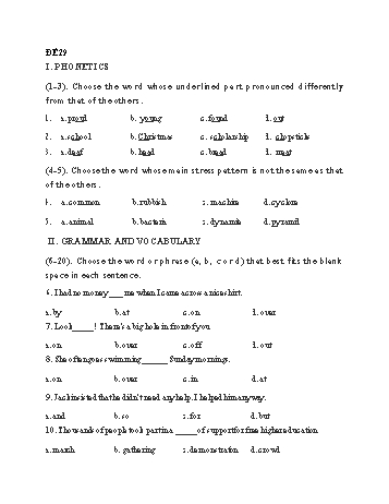Đề thi tuyển sinh Lớp 10 môn Tiếng Anh - Đề 29 - Năm học 2021-2022 (Có đáp án)