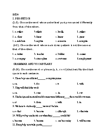 Đề thi tuyển sinh Lớp 10 môn Tiếng Anh - Đề 30 - Năm học 2021-2022 (Có đáp án)