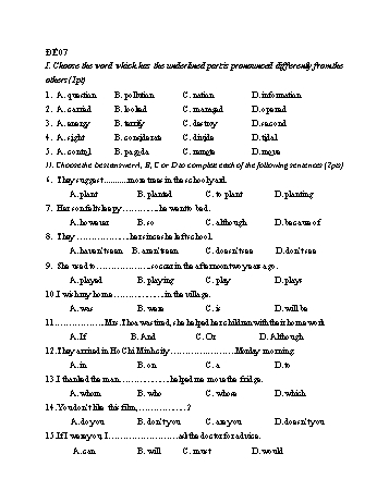 Đề thi tuyển sinh Lớp 10 môn Tiếng Anh - Đề 7 - Năm học 2021-2022