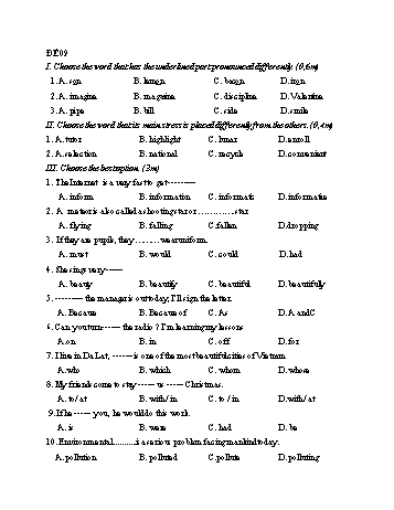 Đề thi tuyển sinh Lớp 10 môn Tiếng Anh - Đề 9 - Năm học 2021-2022