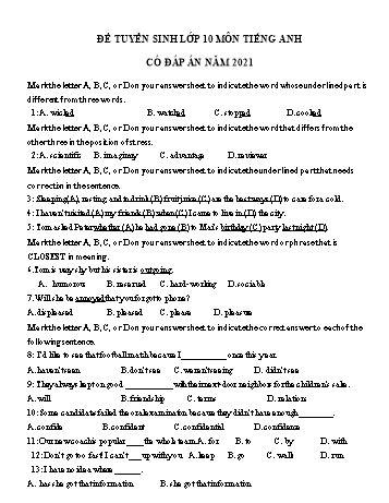 Đề tuyển sinh Lớp 10 môn Tiếng Anh - Đề số 4 - Năm học 2021-2022 (Có đáp án)