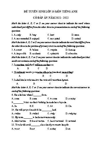 Đề tuyển sinh Lớp 10 môn Tiếng Anh - Năm học 2021-2022 - Sở GD&ĐT Hà Nội (Có đáp án)