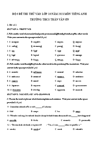 5 Đề thi thử vào Lớp 10 môn Tiếng Anh - Năm học 2021-2022 - Trường THCS Trần Văn Ơn (Có đáp án)