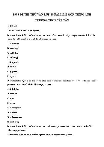 5 Đề thi thử vào Lớp 10 môn Tiếng Anh - Năm học 2021-2022 - Trường THCS Cát Tân (Có đáp án)
