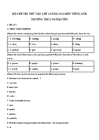 5 Đề thi thử vào Lớp 10 môn Tiếng Anh - Năm học 2021-2022 - Trường THCS Ngô Quyền (Có đáp án)