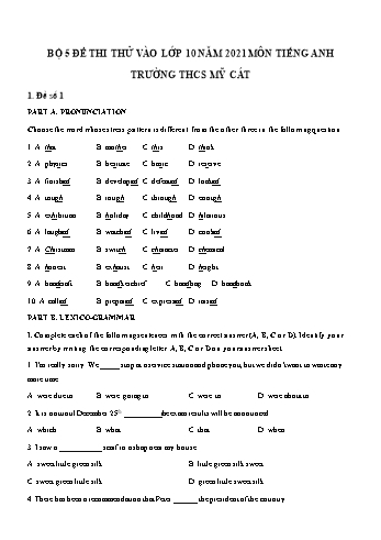5 Đề thi thử vào Lớp 10 môn Tiếng Anh - Năm học 2021-2022 - Trường THCS Mỹ Cát (Có đáp án)