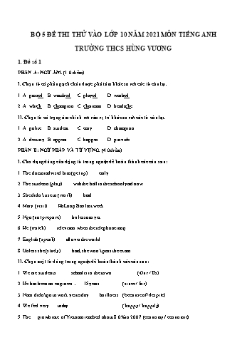 5 Đề thi thử vào Lớp 10 môn Tiếng Anh - Năm học 2021-2022 - Trường THCS Hùng Vương (Có đáp án)