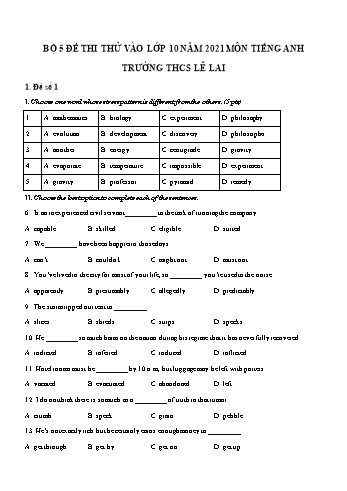 5 Đề thi thử vào Lớp 10 môn Tiếng Anh - Năm học 2021-2022 - Trường THCS Lê Lai (Có đáp án)