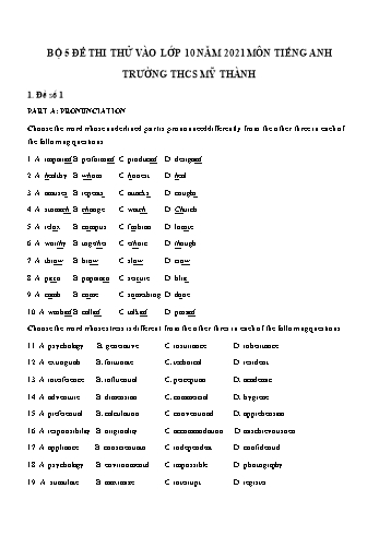 5 Đề thi thử vào Lớp 10 môn Tiếng Anh - Năm học 2021-2022 - Trường THCS Mỹ Thành (Có đáp án)