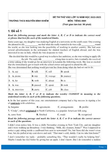 5 Đề thi thử vào Lớp 10 môn Tiếng Anh - Năm học 2022-2023 - Trường THCS Nguyễn Bỉnh Khiêm (Có đáp án)