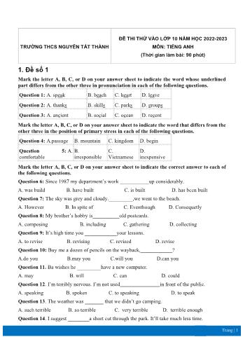 5 Đề thi thử vào Lớp 10 môn Tiếng Anh - Năm học 2022-2023 - Trường THCS Nguyễn Tất Thành (Có đáp án)