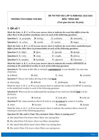 5 Đề thi thử vào Lớp 10 môn Tiếng Anh - Năm học 2022-2023 - Trường THCS Đặng Thai Mai (Có đáp án)