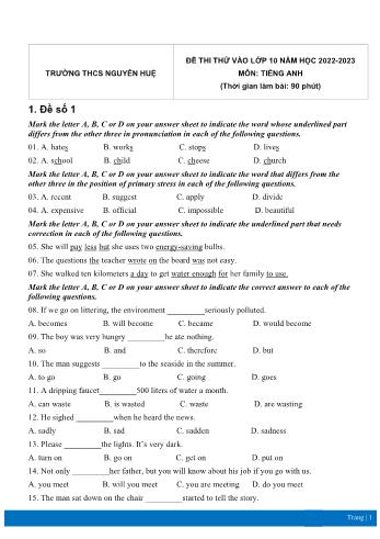 5 Đề thi thử vào Lớp 10 môn Tiếng Anh - Năm học 2022-2023 - Trường THCS Nguyễn Huệ (Có đáp án)