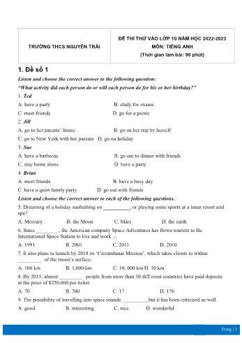 5 Đề thi thử vào Lớp 10 môn Tiếng Anh - Năm học 2022-2023 - Trường THCS Nguyễn Trãi (Có đáp án)