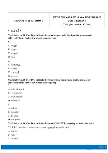 5 Đề thi thử vào Lớp 10 môn Tiếng Anh - Năm học 2022-2023 - Trường THCS An Sương (Có đáp án)