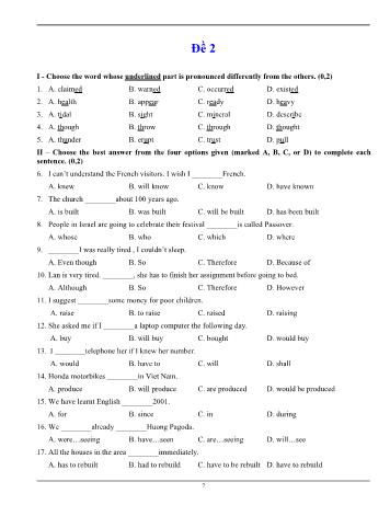 Đề luyện thi vào Lớp 10 môn Tiếng Anh - Đề 2 (Có đáp án)