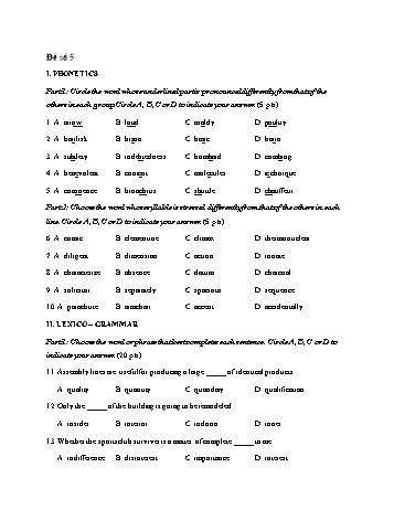 Đề thi thử vào Lớp 10 môn Tiếng Anh - Đề số 5 - Năm học 2021-2022 - Trường THCS Mỹ Thành (Có đáp án)