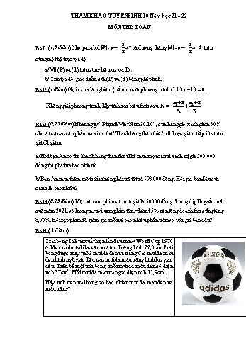 Đề tham khảo tuyển sinh Lớp 10 THPT môn Toán - Năm học 2021-2022 (Có đáp án)