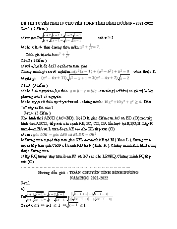 Đề thi tuyển sinh vào Lớp 10 chuyên môn Toán - Năm học 2021-2022 - Sở GD&ĐT Bình Dương (Có lời giải)