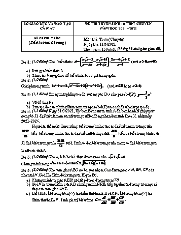 Đề thi tuyển sinh vào Lớp 10 THPT môn Toán (Chuyên) - Năm học 2021-2022 - Sở GD&ĐT Cà Mau (Có lời giải)