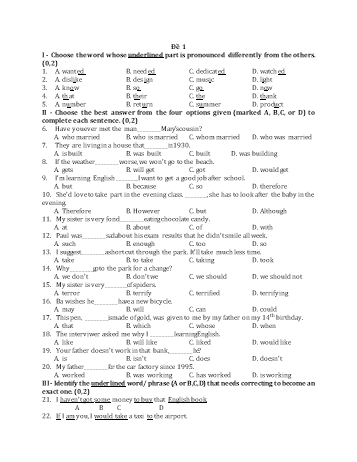 Kỳ thi tuyển sinh Lớp 10 THPT môn Tiếng Anh - Đề 1 (Có đáp án)