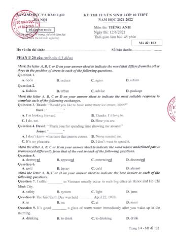 Kỳ thi tuyển sinh vào Lớp 10 THPT môn Tiếng Anh - Mã đề 102 - Năm học 2021-2022 - Sở GD&ĐT Hà Nội (Có đáp án)