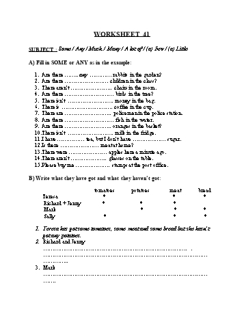 Tổng hợp bài tập ngữ pháp thi vào Lớp 10 môn Tiếng Anh - Worksheet 41: Some, any, much, many, a lot of, (a) few, (a) little