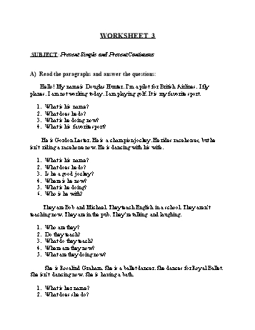 Tổng hợp bài tập ngữ pháp thi vào Lớp 10 môn Tiếng Anh - Worksheet 3: Present simple and present continuous