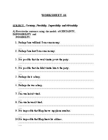 Tổng hợp bài tập ngữ pháp thi vào Lớp 10 môn Tiếng Anh - Worksheet 55: Certainty, possibility, impossibility and advisability