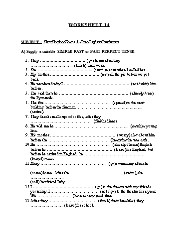 Tổng hợp bài tập ngữ pháp thi vào Lớp 10 môn Tiếng Anh - Worksheet 14: Past perfect tense and past perfect continuous