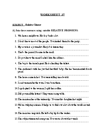 Tổng hợp bài tập ngữ pháp thi vào Lớp 10 môn Tiếng Anh - Worksheet 37: Relative clauses