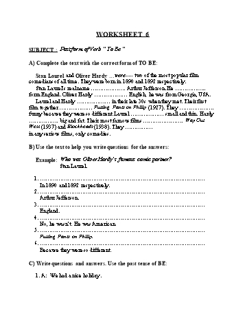 Tổng hợp bài tập ngữ pháp thi vào Lớp 10 môn Tiếng Anh - Worksheet 6: Past form of verb To be