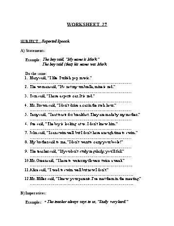 Tổng hợp bài tập ngữ pháp thi vào Lớp 10 môn Tiếng Anh - Worksheet 27: Reported speech