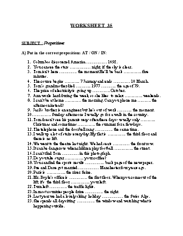 Tổng hợp bài tập ngữ pháp thi vào Lớp 10 môn Tiếng Anh - Worksheet 35: Prepositions