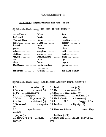 Tổng hợp bài tập ngữ pháp thi vào Lớp 10 môn Tiếng Anh - Worksheet 1: Pronouns and verb To be