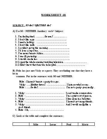 Tổng hợp bài tập ngữ pháp thi vào Lớp 10 môn Tiếng Anh - Worksheet 58: So do I, neither do I