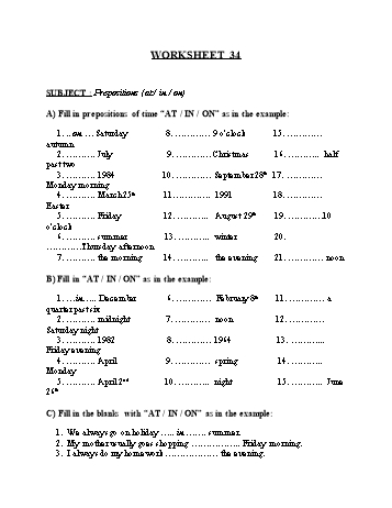 Tổng hợp bài tập ngữ pháp thi vào Lớp 10 môn Tiếng Anh - Worksheet 34: Prepositions (at, in, on)