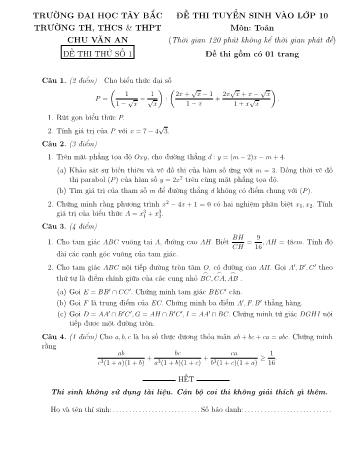10 Đề thi thử tuyển sinh vào Lớp 10 môn Toán - Trường THCS&THPT Chu Văn An