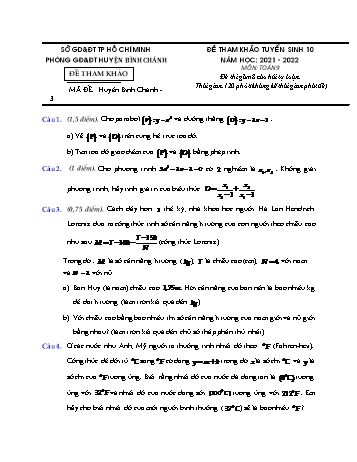 Đề tham khảo tuyển sinh Lớp 10 môn Toán - Mã đề HBC3 - Năm học 2021-2022 - Phòng GD&ĐT Bình Chánh (Có hướng dẫn giải)